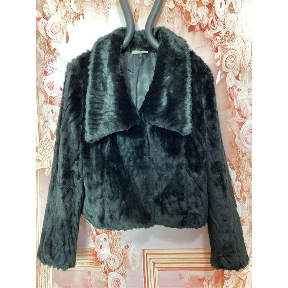 WOMENS WALLIS BLACK FAUX FUR JACKET COAT SIZE Medium SHAWL COLLAR HOOK & EYE